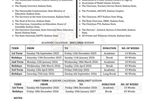 Kaduna State Releases Revised 2025/2026